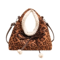 Leopard print faux fur tote bag with plush trim and brown leather shoulder strap - Leopard Print