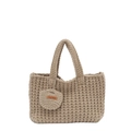 Bolso de hombro tejido a mano en color caqui claro con detalle de etiqueta de cuero Hand Made - Caqui
