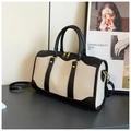 Grande borsa da viaggio in tela beige e pelle nera con finiture in metallo dorato - Nero
