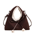 Brown suede crossbody bag with white faux fur trim and cute pompom bow detail - Brown