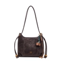 Dark brown leather bucket shoulder bag with gold acorn charm and drawstring detail - No Pendant / Brown