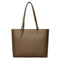 Fashionable dark brown pebble leather tote bag with adjustable straps on white background - Khaki