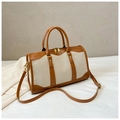 Borsa da viaggio boston in pelle marrone e tela beige con dettagli metallici dorati - Marrone