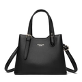 Close-up of black lychee grain leather tote bag with gold logo and hardware details - Black