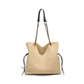Beige Eimertasche aus Wildleder mit schwarzem Kordelzug und goldenem Kettenträger - Gebrochenes Weiß