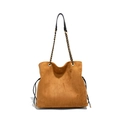 Dunkelbraune Wildleder Beuteltasche mit Goldkette und schwarzem Leder Schultergurt - Braun