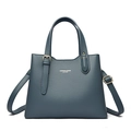 Retro grey-blue leather tote bag for women featuring circular handles and gold logo text - Blue