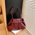 Deep red vintage oil wax leather shoulder bag with buckle detail and top handles - Burgundy