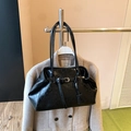 Retro black leather underarm shoulder bag with metal buckle and glossy finish - Black