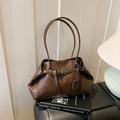 Retro deep brown underarm bag in oil-wax leather finish with side pleat details - Brown