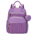 Fashionable purple quilted backpack with gold zippers and detachable round coin purse charm - Purple