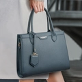Minimalist deep grey blue lychee grain leather tote bag with elegant metal charm pendant - Blue