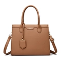Brown litchi grain leather tote bag with top handles and adjustable shoulder strap - Khaki