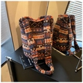 Close-up of winter sherpa tote bag with geometric jacquard pattern and wide shoulder strap - Ethnic Orange Blue