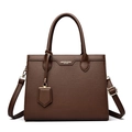Deep brown litchi pattern leather tote bag with top handles and adjustable shoulder strap - Brown