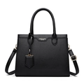 Black lychee leather tote bag with gold hardware and adjustable strap on white background - Black