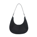 Retro black matte suede crescent hobo shoulder bag with contrast leather trim - Black