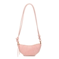 Pink faux suede croissant bag featuring quilted pleats and adjustable knotted shoulder strap - Pink