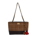 Grand sac cabas décontracté en daim marron avec surpiqûres en damier et pompon en peluche - Marron
