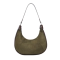 Army green suede hobo shoulder bag with brown leather trim and crescent shape design - Green