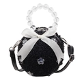 Mini sac sphérique en peluche noire avec nœud blanc et poignée en perles claires - Noir