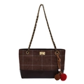 Grand sac cabas matelassé marron foncé avec empiècement en daim et pompon - Marron
