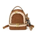 Mochila marrón de ante sintético con borde de felpa blanca y colgante de conejo - Marrón