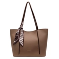Minimalist large khaki tote bag with litchi grain leather and decorative silk scarf - Khaki
