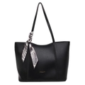 Minimalist black pebble grain tote bag with decorative scarf and golden fashion logo - Black
