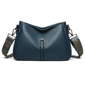 Navy blue textured leather square crossbody bag with ethnic patterned wide shoulder strap - Blue