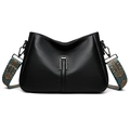 Chic black textured crossbody bag with a wide bohemian colorful shoulder strap - Black