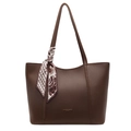 Dark brown pebble leather tote bag with stylish silk scarf and golden lettering - Brown
