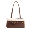 Borsa a spalla retrò in similpelle marrone scuro con bordo in pile bianco e fibbia oro - Marrone