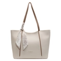 Minimalist cream white tote bag with lychee texture, brown straps and floral silk scarf - Off White