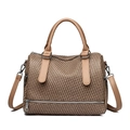 Vintage brown woven leather Boston bag with top handles and adjustable shoulder strap - Dark Khaki