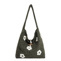 Sac fourre-tout en feutre gris foncé avec fleurs brodées et bouton en bois - Vert
