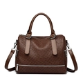 Dark brown woven leather Boston bag with dual handles and silver-tone hardware - Dark Brown