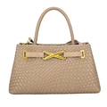 Sac seau tressé en cuir café clair avec boucle dorée en X et poignée enroulée chic - Kaki
