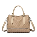 2025 trendy woven tote bag with adjustable shoulder strap and silver metal zipper detail - Light Khaki