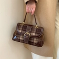 Sac à main rétro à carreaux marron avec boucle fer à cheval et anses en cuir premium - Marron