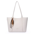 Minimalist beige pebble leather tote bag with elegant wood bead tassel and gold lettering - White