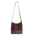 Retro dark brown bucket bag in faux suede and smooth leather with shoulder strap - Brown