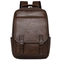 Minimalist large-capacity dark brown faux leather commute backpack with front flap buckles - Brown