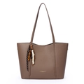 Minimalist dark brown tote bag in pebbled leather with a decorative bead tassel - Khaki