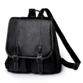 Retro black leather backpack with flap cover and white contrast stitching details - Black