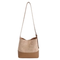 Vintage brown suede and leather bucket bag with adjustable strap and contrasting base - Khaki