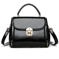 Glossy black patent leather handbag with gold metal clasp and top handle feature - Black