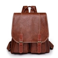 Vintage dark brown faux leather backpack with retro double buckle straps and white stitching - Brown