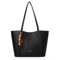 Minimalist black tote bag with lychee texture and colorful beaded tassel pendant - Black