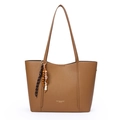 Brown litchi grain leather tote bag with long straps and decorative beaded pendant - Yellow Brown